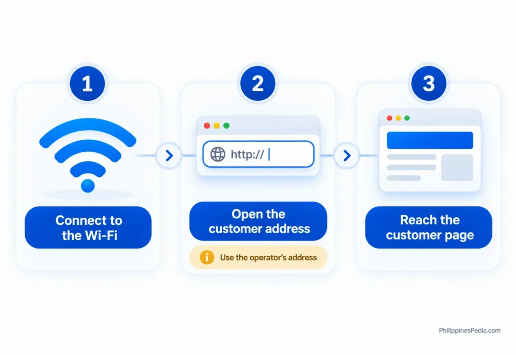 Three-step infographic showing how to connect to Piso WiFi and open the customer portal