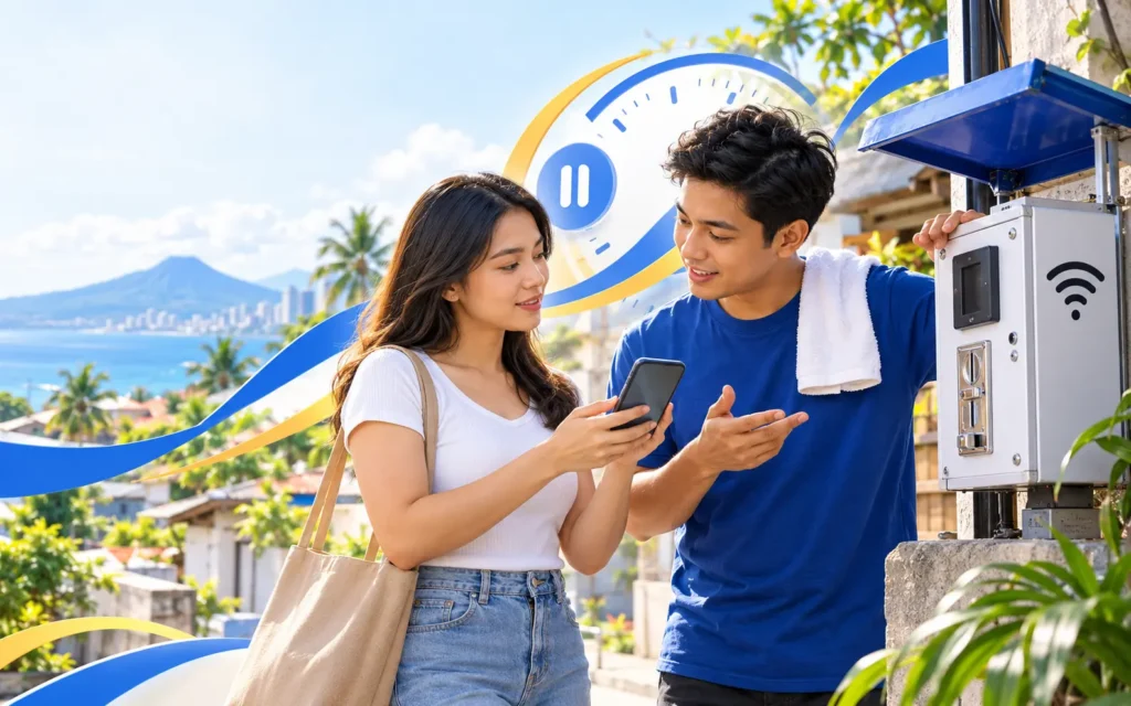 Editorial scene of a Piso WiFi customer asking an operator about a session on a phone beside a neighborhood Wi-Fi machine.