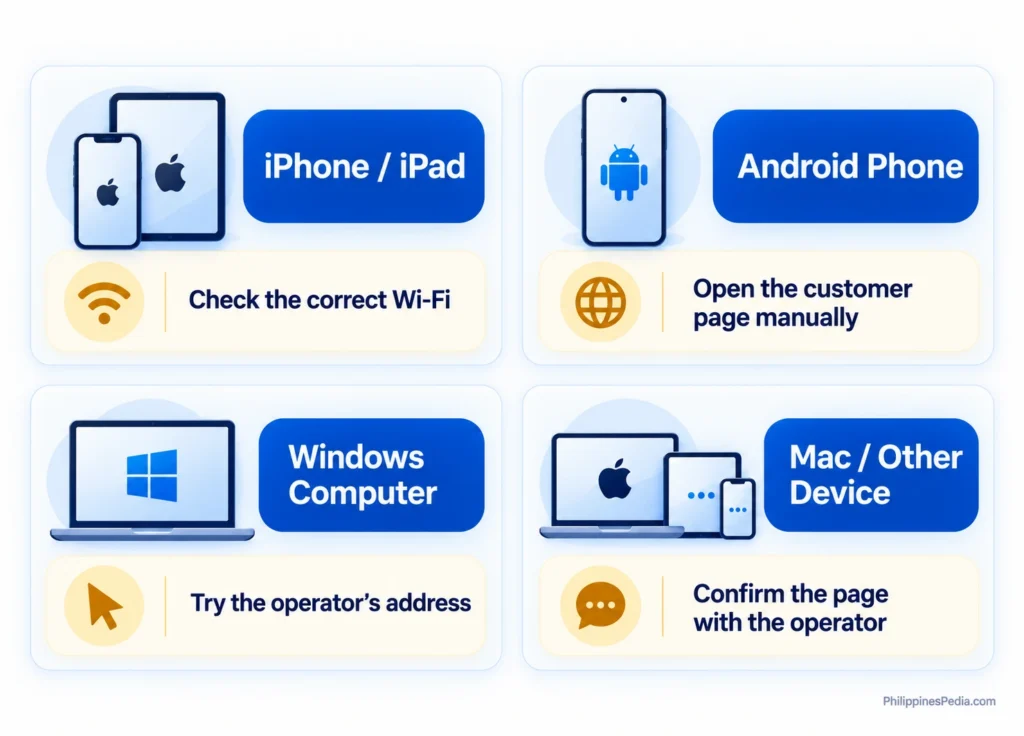 Device-based infographic showing what to check when a Piso WiFi sign-in page does not appear