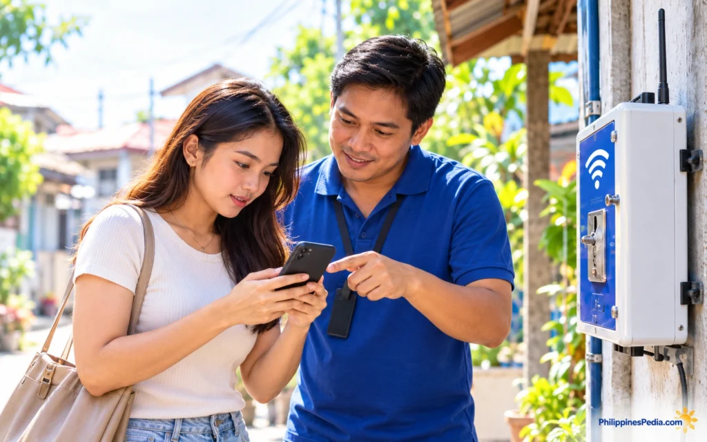Filipino customer asking a Piso WiFi operator how to open the correct customer portal