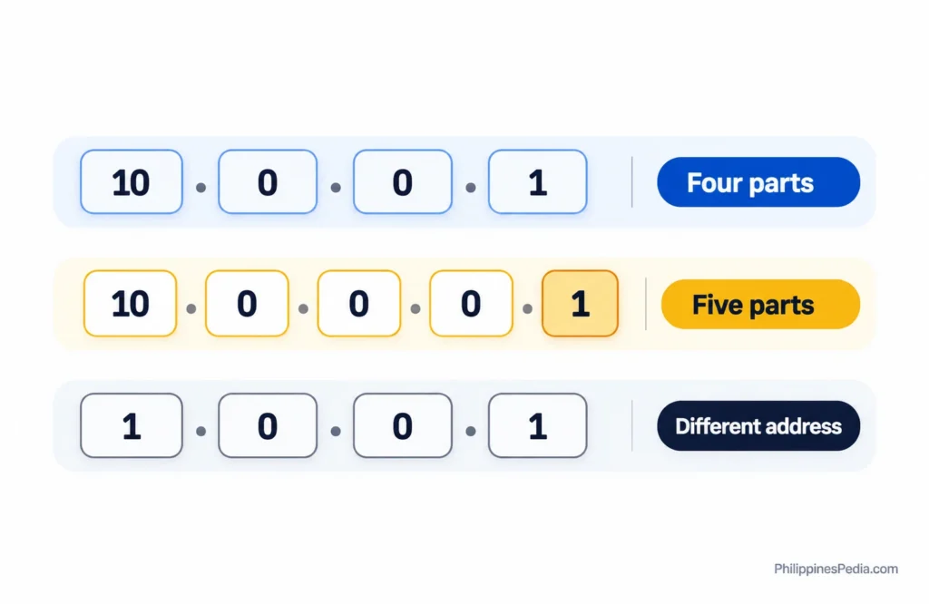 Three address examples: 10.0.0.1 is a valid four-part private IPv4 address, 10.0.0.0.1 is an invalid five-part input, and 1.0.0.1 is a different valid address.